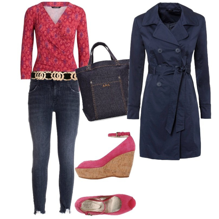 Outfit donna - Romantico top con scollo incrociato. Stile Casual per Tutti i giorni. Abbinamento con trench, décolleté, jeans skinny, cinture, top, shopping bag.
