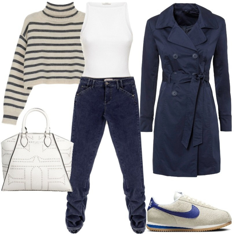 Outfit donna - Trench blu scuro. Stile Basic per Scuola/Università. Abbinamento con trench, borse a mano, maglieria, jeans slim fit, sneakers, canottiere.