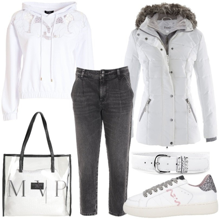 Outfit donna - Deliziosa Felpa ampia con trafori. Stile Basic per Scuola/Università. Abbinamento con piumini, cinture, sneakers, borse a mano, jeans dritti, felpe con cappuccio.