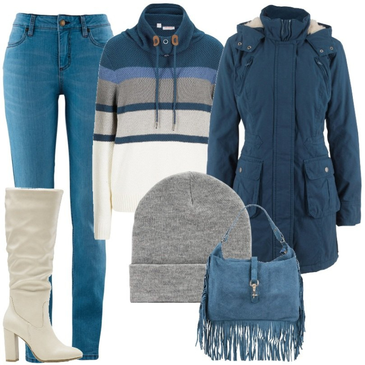 Outfit donna - borsa cool tonalità carta da zucchero. Stile Casual per Ufficio. Abbinamento con maglieria, jeans skinny, parka, stivali sopra il ginocchio, borse a mano, berretti.