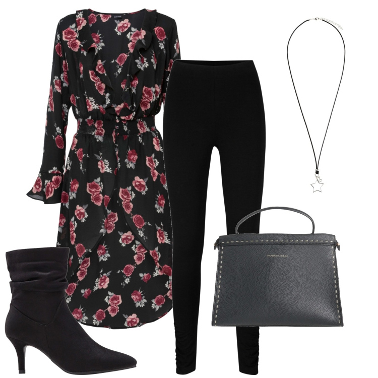 Outfit donna - Total look #1806513. Stile Casual chic per Serata fuori. Abbinamento con leggings, camicie, stivaletti, collane, borse a mano.