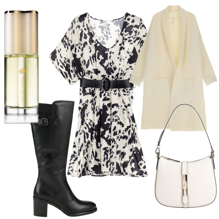 Outfit donna - Total look #1806521. Stile Trendy per Tutti i giorni. Abbinamento con borse a mano, stivali sopra il ginocchio, profumi, vestiti corti, cardigans.