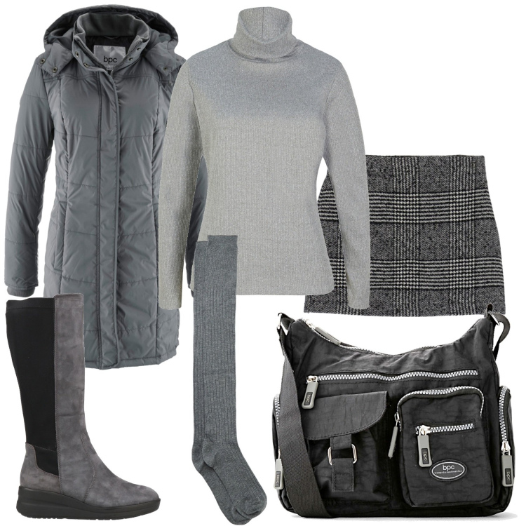 Outfit donna - Minigonna e stivali. Stile Casual chic per Tutti i giorni. Abbinamento con giacche, maglieria, borse a tracolla, stivali sopra il ginocchio, collant, minigonne.