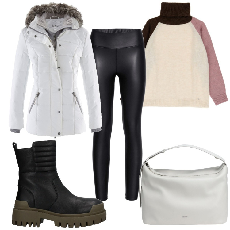 Outfit donna - Total look #1806528. Stile Trendy per Tutti i giorni. Abbinamento con piumini, leggings, stivaletti, borse a spalla, maglieria.