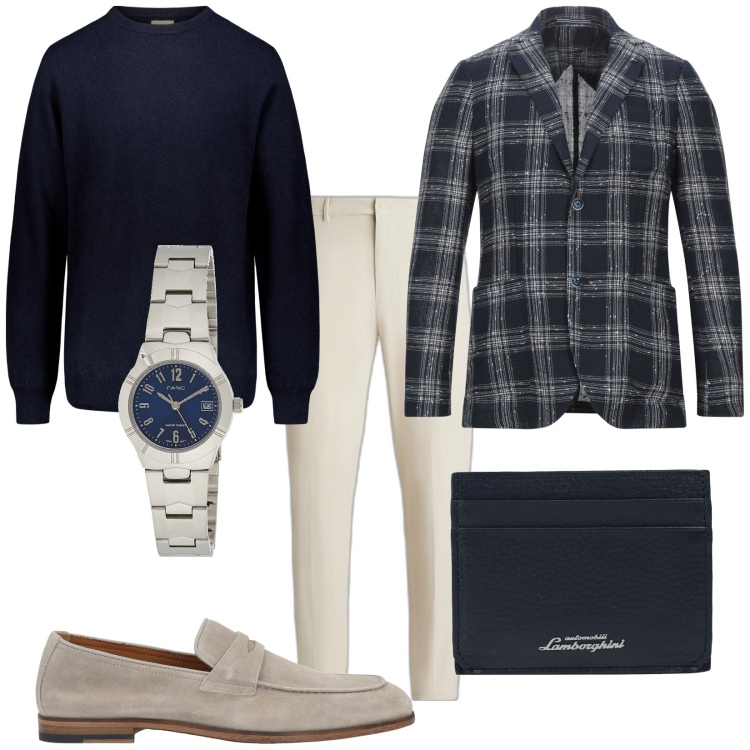Outfit uomo - At work. Stile Business/Elegante per Ufficio. Abbinamento con scarpe stringate, giacche, orologi, portafogli, maglieria, pantaloni.