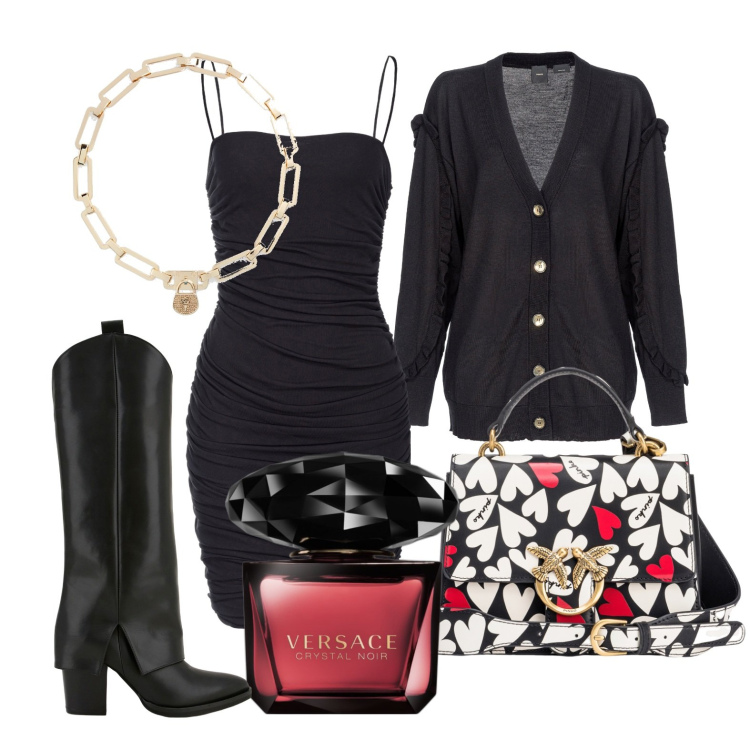 Outfit donna - Ghost outfitter - gennaio. Stile Trendy per Serata fuori. Abbinamento con profumi, vestiti asimmetrici, cardigans, borse a tracolla, stivali, ciondoli.