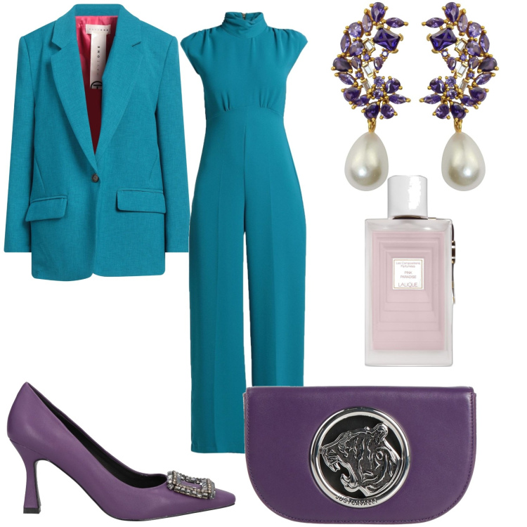 Outfit donna - Cerimonia chic. Stile Chic per Cerimonia. Abbinamento con tute, borse a mano, décolleté, blazer, orecchini, profumi.