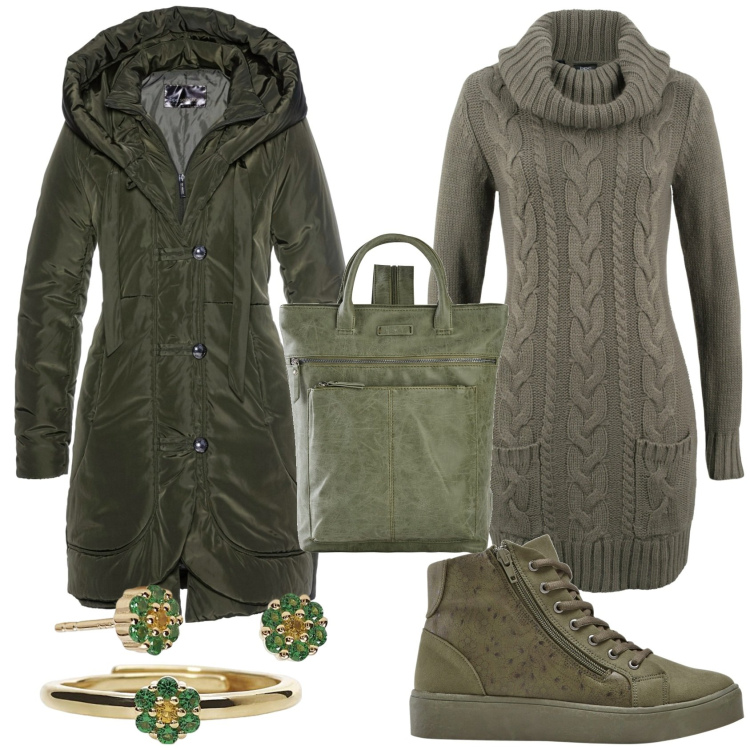 Outfit donna - Forest. Stile Casual Abbinamento con blazer, zaini, sneakers alte, vestiti, anelli, orecchini.