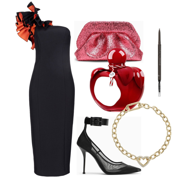 Outfit donna - Ghost outfitter - gennaio. Stile Glamour per Cerimonia. Abbinamento con profumi, eyeliner, braccialetti, vestiti senza maniche, décolleté, clutch.
