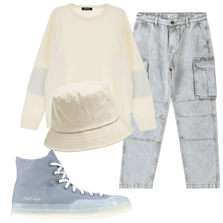 Outfit uomo - Total look #1806556. Stile Trendy per Tutti i giorni. Abbinamento con sneakers alte, jeans, cappelli, pullovers.