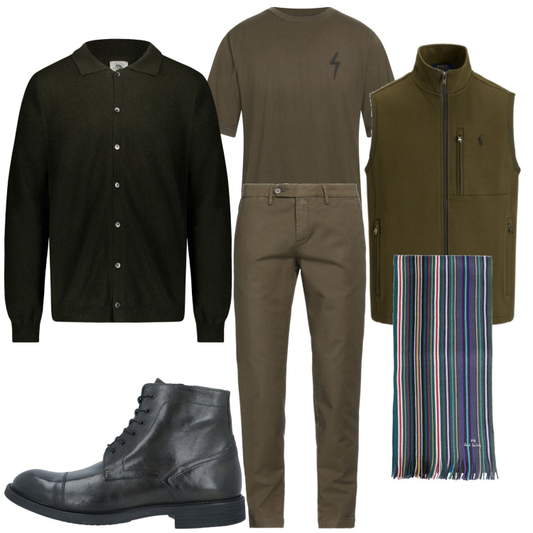 Outfit uomo - Total look #1806557. Stile Casual per Tutti i giorni. Abbinamento con pantaloni, sciarpe, stivali e stivaletti, t-shirt, maglieria, polo.