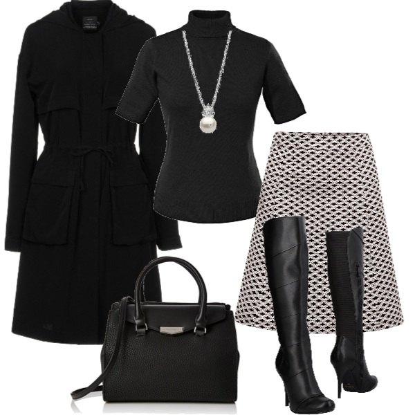 Outfit donna - Elegante e low cost. Stile Bon Ton per Ufficio. Abbinamento con soprabito collo tondo a maniche lunghe con zip interno sfoderato crêpe, stivali con tacco spillo e zip a punta in pelle sintetica jersey, maglieria, gonna multicolore e nero, anello effetto lucido in argento 925 bianco, borsa a mano nero.