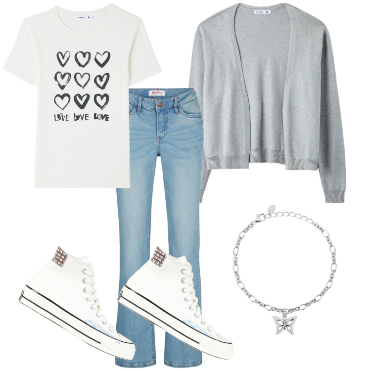 Outfit donna - Total look #1806588. Stile Casual per Scuola/Università. Abbinamento con jeans bootcut, sneakers alte, cardigans, t-shirt, braccialetti con ciondoli.