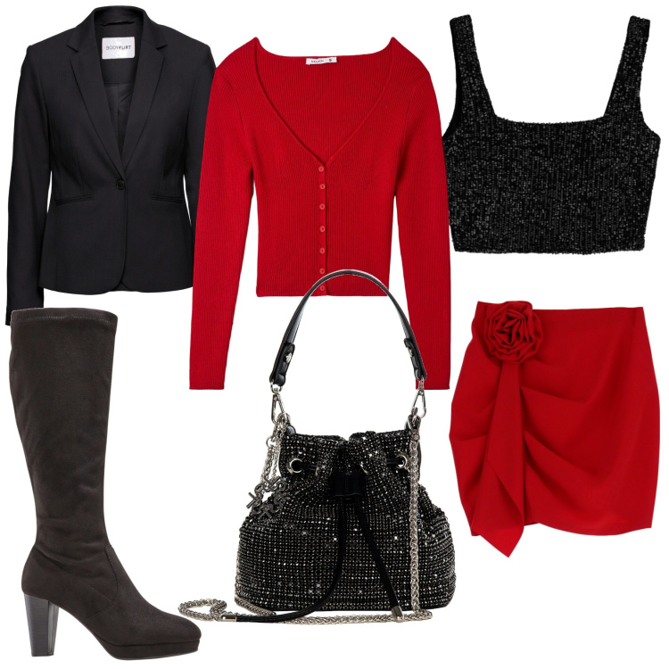 Outfit donna - Elegante in rosso e nero. Stile Trendy per Serata fuori. Abbinamento con blazer, stivali sopra il ginocchio, cardigans, borse a secchiello, gonne, top.
