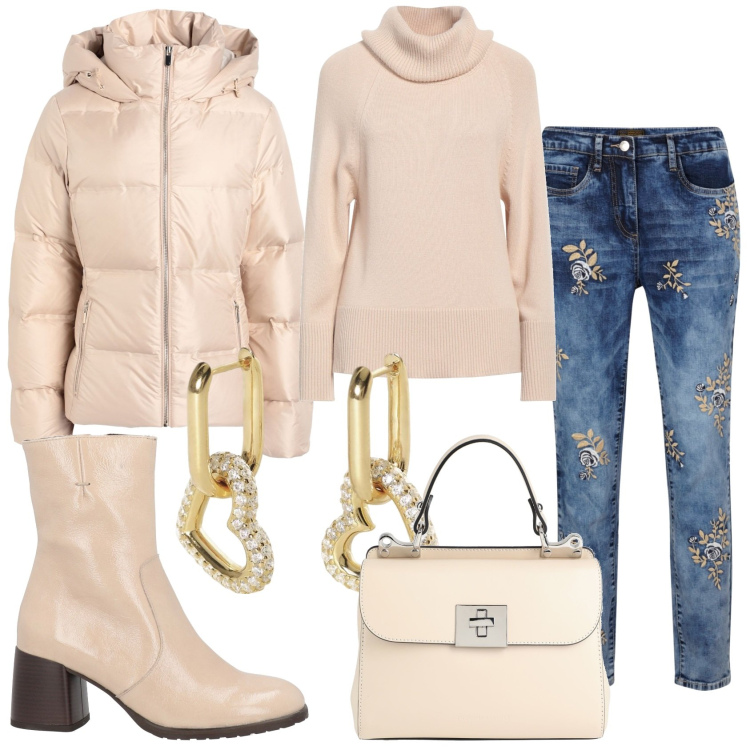Outfit donna - Il jeans glamour. Stile Glamour per Tutti i giorni. Abbinamento con jeans, piumini, maglieria, stivaletti, borse a mano, orecchini.