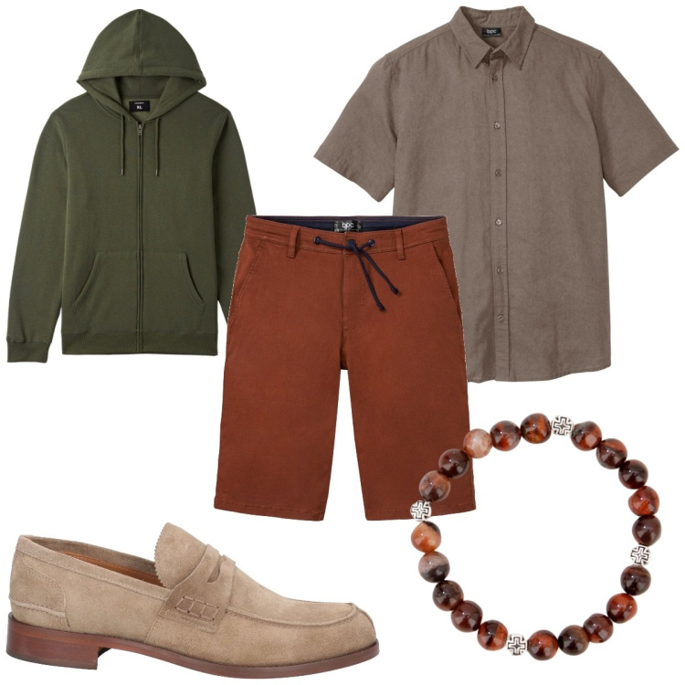Outfit uomo - Total look #1806598. Stile Casual per Tutti i giorni. Abbinamento con camicie a manica corta, bermuda, scarpe stringate, felpe con cappuccio, braccialetti.