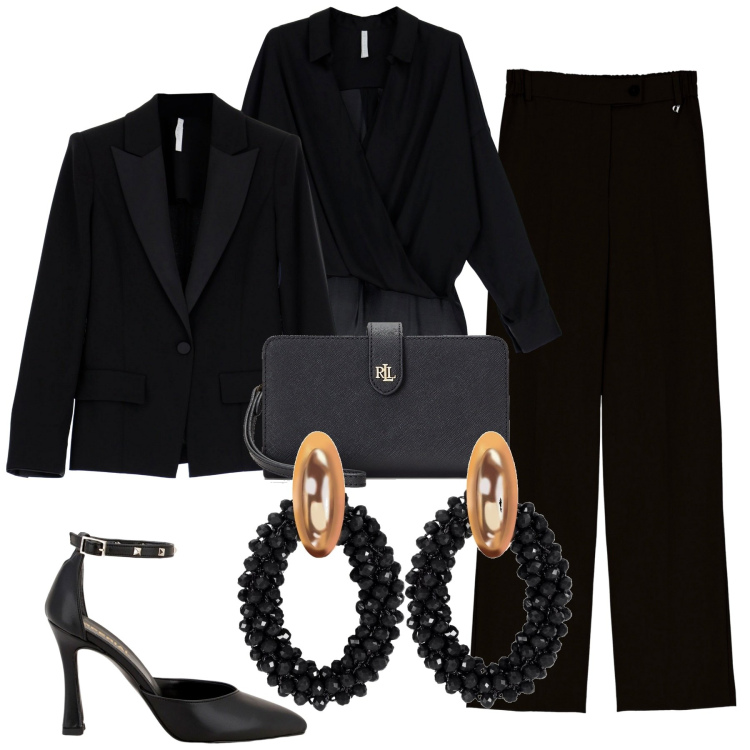 Outfit donna - Total black. Stile Chic per Serata fuori. Abbinamento con orecchini, camicie, giacche, décolleté, pantaloni, pochette.