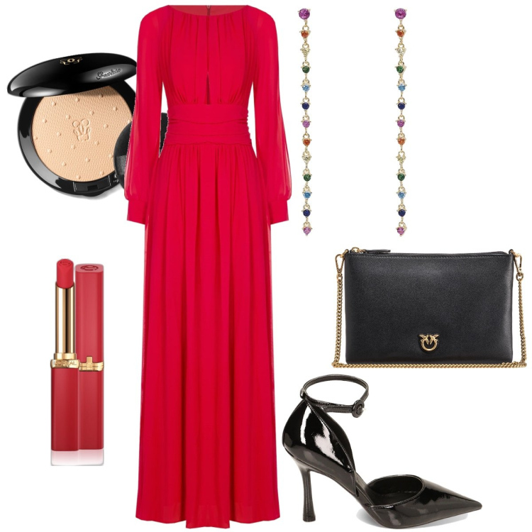 Outfit donna - Serata chic per San Valentino. Stile Chic per Serata fuori. Abbinamento con rossetti, ciprie, orecchini, borse a tracolla, vestiti, décolleté.