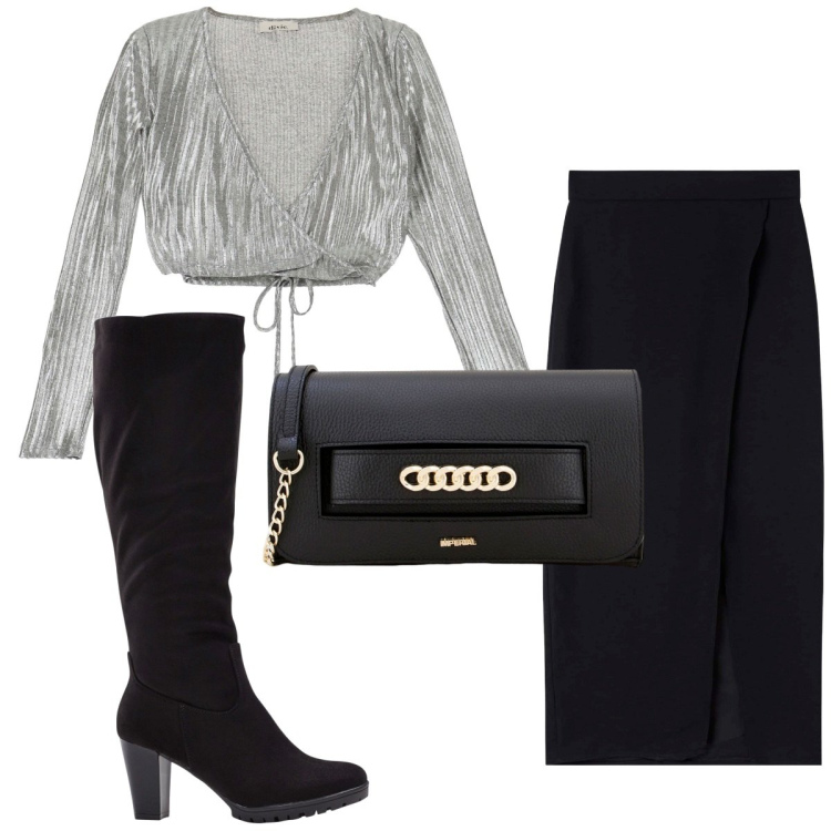 Outfit donna - Total look #1806621. Stile Trendy per Serata fuori. Abbinamento con stivali, gonne lunghe, pochette, maglieria.