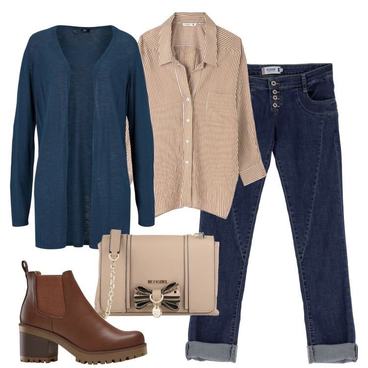 Outfit donna - Total look #1806633. Stile Basic per Tutti i giorni. Abbinamento con cardigans, stivaletti chelsea, borse a tracolla, camicie, jeans slim fit.