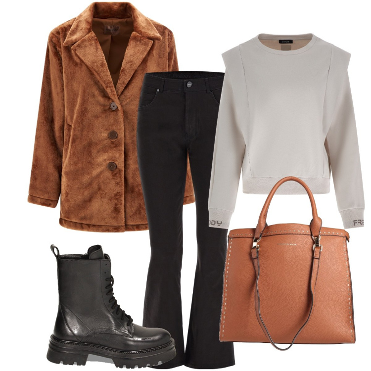 Outfit donna - Freddy style. Stile Sporty chic per Tutti i giorni. Abbinamento con borse a mano, cappotti, pantaloni skinny, maglieria, anfibi.