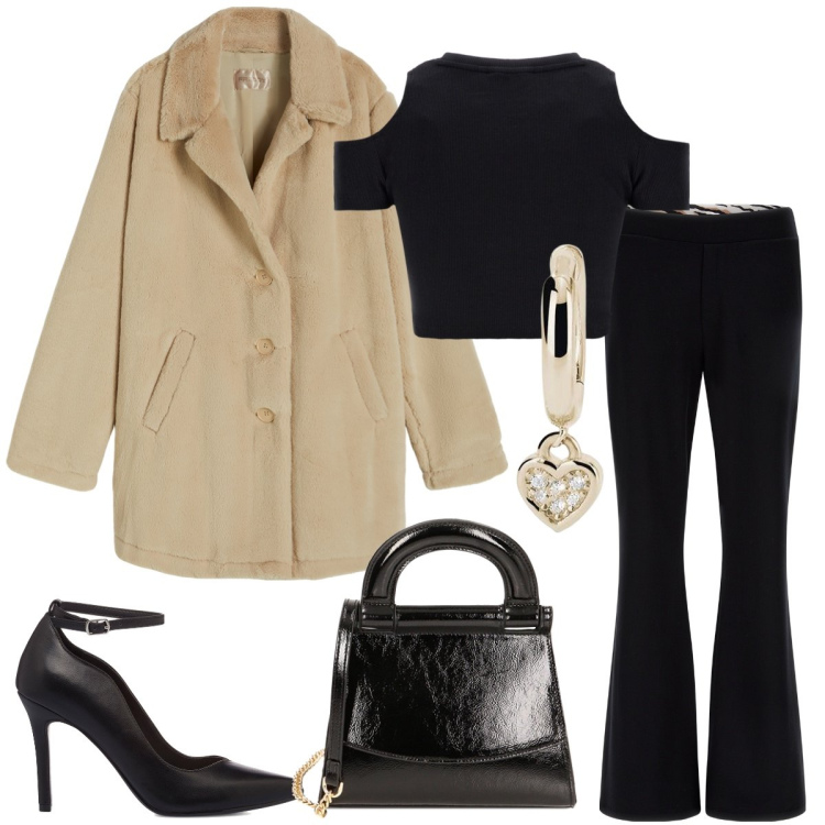 Outfit donna - Total look #1806670. Stile Casual chic per Serata fuori. Abbinamento con orecchini, cappotti, pantaloni, top, borse a mano, décolleté.