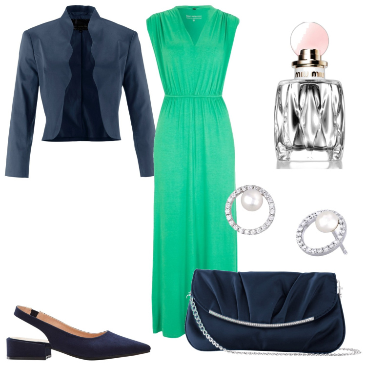 Outfit donna - In lungo verde chic. Stile Chic per Cerimonia. Abbinamento con pochette, vestiti lunghi, blazer, décolleté, profumi, orecchini.