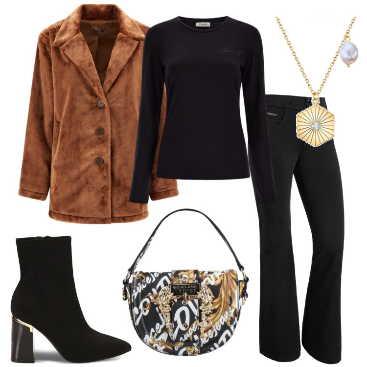 Outfit donna - Total look #1806679. Stile Casual chic per Serata fuori. Abbinamento con borse a mano, collane, cappotti, pantaloni, t-shirt, stivaletti.