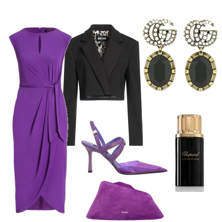 Outfit donna - Una serata a teatro. Stile Chic per Serata fuori. Abbinamento con décolleté, blazer, profumi, vestiti, pochette, orecchini.