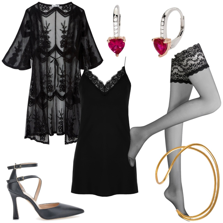 Outfit donna - San Valentino, intimo a casa. Stile Sexy per Serata fuori. Abbinamento con collant, caftani, orecchini, top, braccialetti, décolleté.