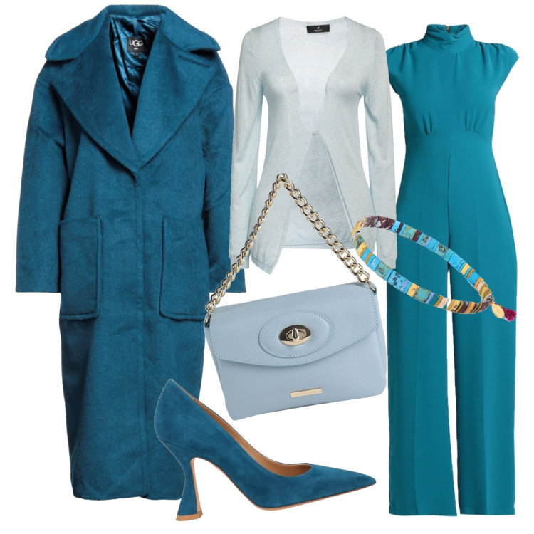 Outfit donna - Color petrolio. Stile Casual chic per Serata fuori. Abbinamento con décolleté, tute, cappotti, cardigans, braccialetti, borse a mano.