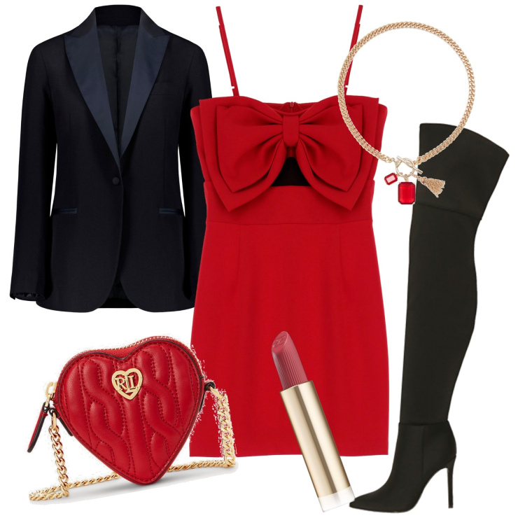 Outfit donna - Cena a San Valentino. Stile Sexy per Serata fuori. Abbinamento con rossetti, vestiti corti, stivali, collane, pochette, giacche.