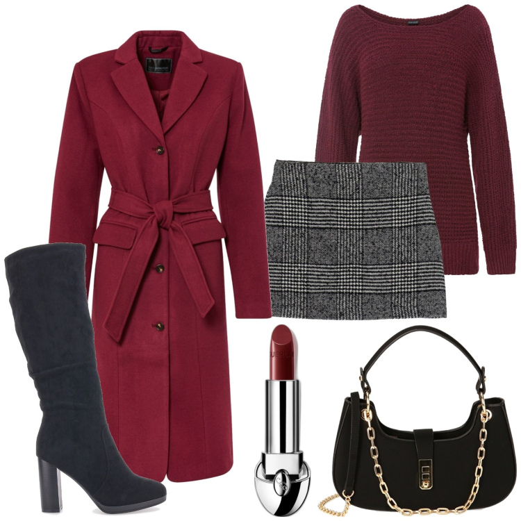 Outfit donna - Inverno. Stile Casual chic per Serata fuori. Abbinamento con maglieria, cappotti, rossetti, borse a spalla, minigonne, stivali.