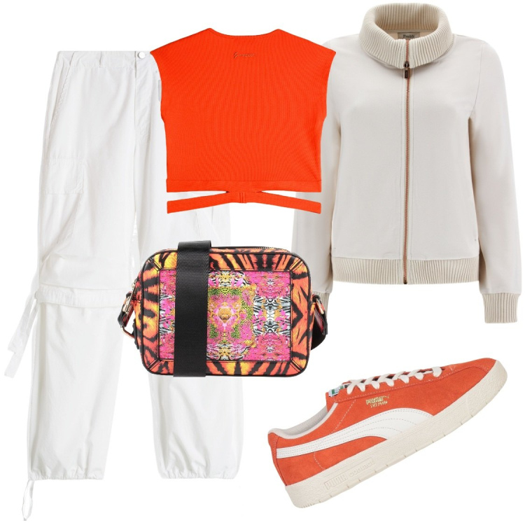 Outfit donna - Look freddy. Stile Sporty chic per Tutti i giorni. Abbinamento con sneakers, borse a tracolla, pantaloni cargo, felpe, t-shirt.