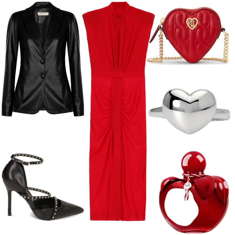 Outfit donna - Il mio primo San Valentino. Stile Chic per Serata fuori. Abbinamento con profumi, vestiti midi/longuette, anelli, cappotti, décolleté, pochette.