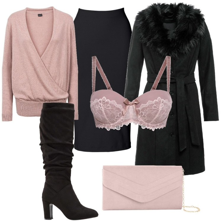 Outfit donna - Romantica rosa cipria. Stile Romantica per Serata fuori. Abbinamento con gonne longuette, pochette, maglieria, reggiseni a balconcino, cappotti, stivali sopra il ginocchio.