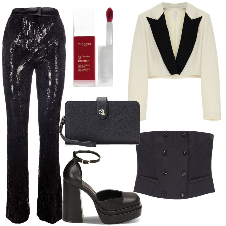 Outfit donna - Labbra rosso fuoco. Stile Rock per Serata fuori. Abbinamento con gloss, blazer, top, pantaloni, décolleté, pochette.