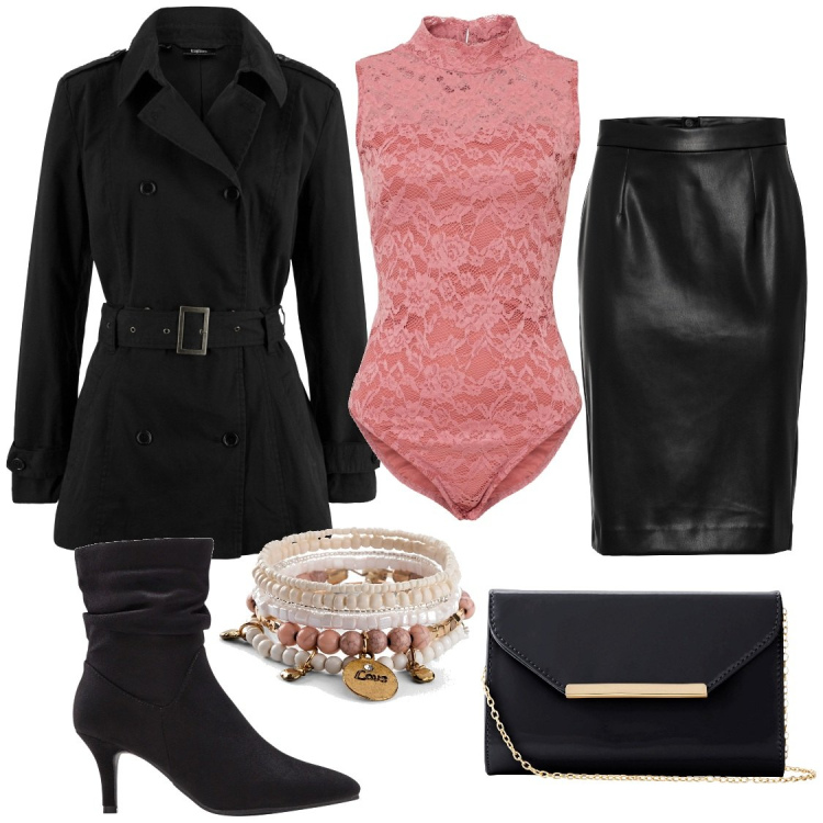 Outfit donna - Il body rosa. Stile Romantica per Serata fuori. Abbinamento con trench, braccialetti, body, stivaletti, pochette, gonne longuette.