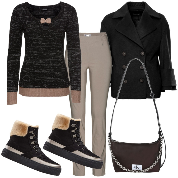 Outfit donna - Total look #1806748. Stile Casual per Tutti i giorni. Abbinamento con maglieria, pantaloni, stivaletti, borse a tracolla, cappotti.