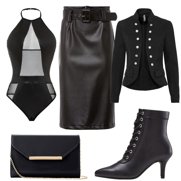 Outfit donna - Total look #1806754. Stile Rock per Serata fuori. Abbinamento con body, blazer, gonne longuette, stivaletti, pochette.
