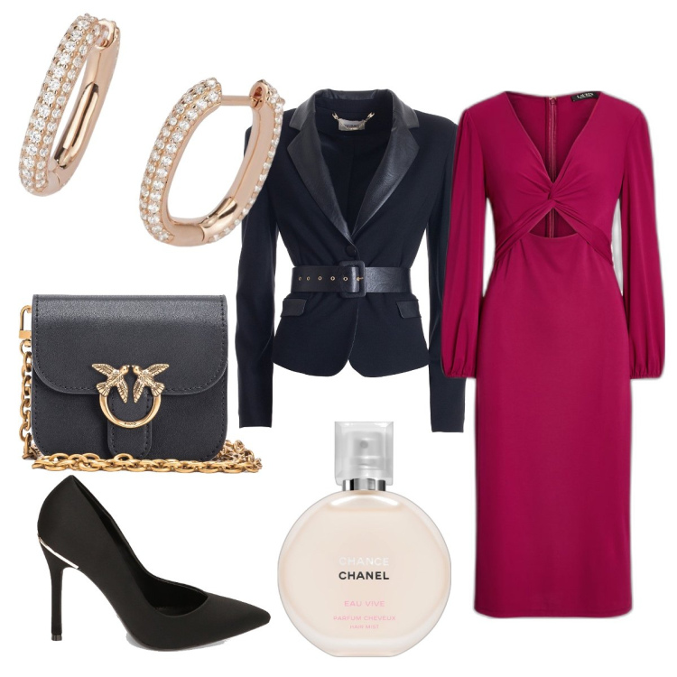 Outfit donna - Per S. Valentino femminilità in risalto. Stile Chic per Serata fuori. Abbinamento con profumi, orecchini, borse a tracolla, blazer, décolleté, vestiti.