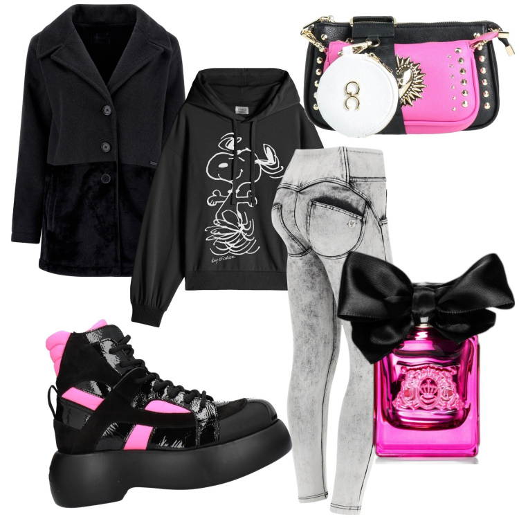 Outfit donna - Il contrasto che piace. Stile Sporty chic per Serata fuori. Abbinamento con sneakers, borse a tracolla, profumi, jeans skinny, cappotti, felpe con cappuccio.