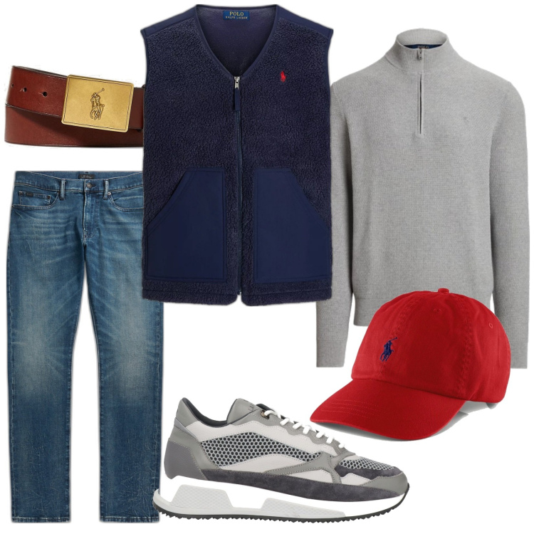 Outfit uomo - Il gilet antivento. Stile Trendy per Tutti i giorni. Abbinamento con sneakers, cappelli, gilet, maglieria, cinture, jeans.