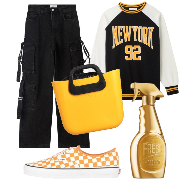 Outfit donna - La borsa obag gialla. Stile Urban per Scuola/Università. Abbinamento con borse a mano, sneakers, profumi, felpe, jeans.
