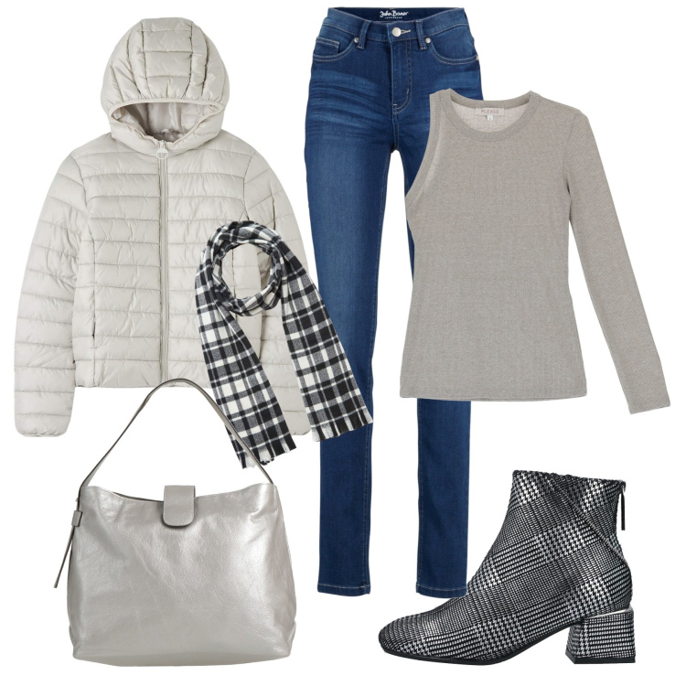 Outfit donna - In centro. Stile Casual chic per Tutti i giorni. Abbinamento con jeans, stivaletti, borse a mano, blazer, sciarpe, maglieria.