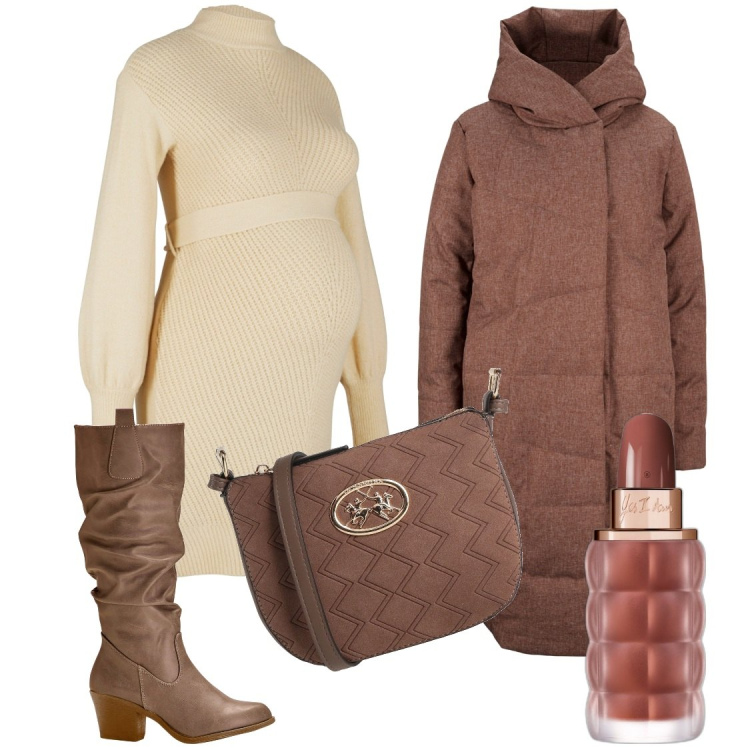 Outfit donna - Aspettando il baby. Stile Urban per Tutti i giorni. look ideale per Premaman. Abbinamento con stivali, cappotti, vestiti, borse a tracolla, profumi.