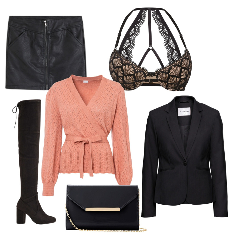 Outfit donna - Total look #1806848. Stile Chic per Serata fuori. Abbinamento con blazer, maglieria, reggiseni, stivali sopra il ginocchio, minigonne, pochette.