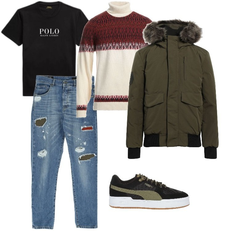 Outfit uomo - Total look #1806871. Stile Urban per Tutti i giorni. Abbinamento con maglieria, sneakers, cappotti, jeans dritti, t-shirt.