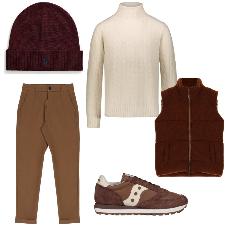 Outfit uomo - Autumn palette. Stile Casual per Tutti i giorni. Abbinamento con sneakers, pantaloni, gilet, berretti, maglieria.