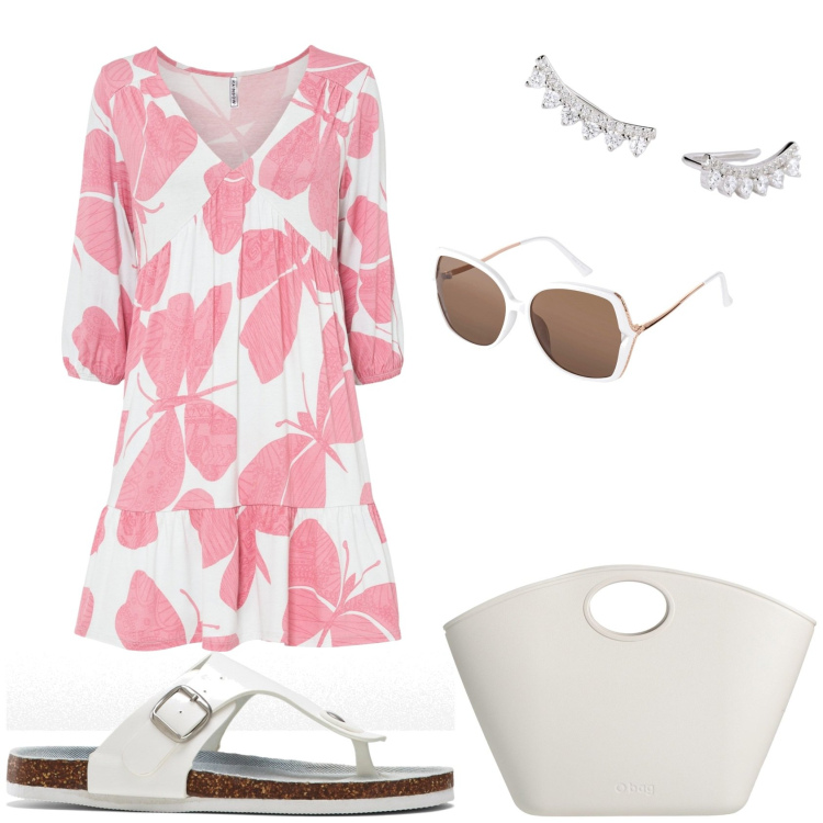 Outfit donna - Aperitivo al mare. Stile Glamour per Tutti i giorni. Abbinamento con infradito, occhiali da sole, vestiti, borse a mano, orecchini.